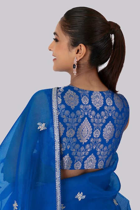 Off White & Royal Blue Embroidered Saree -