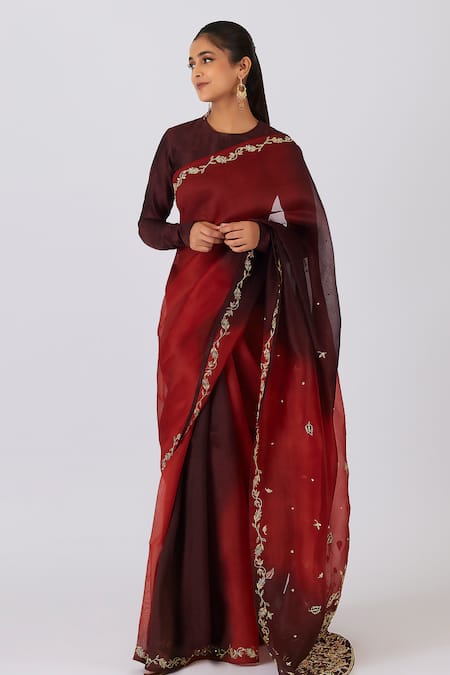 Shimai Jayachandra_Orange Silk Memories Of Chinar Embroidered Saree With Unstitched Blouse Piece _Online_at_Aza_Fashions