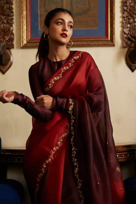 Shimai Jayachandra_Orange Silk Memories Of Chinar Embroidered Saree With Unstitched Blouse Piece _at_Aza_Fashions