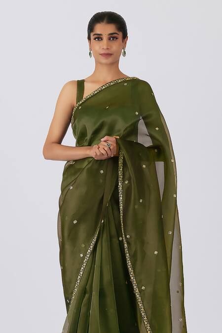 Shimai Jayachandra_Green Silk Organza Embroidery Raindrops On Wild Moss Saree With Blouse _Online_at_Aza_Fashions