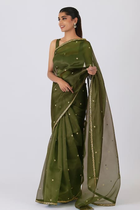 Buy_Shimai Jayachandra_Green Silk Organza Embroidery Raindrops On Wild Moss Saree With Blouse _Online_at_Aza_Fashions