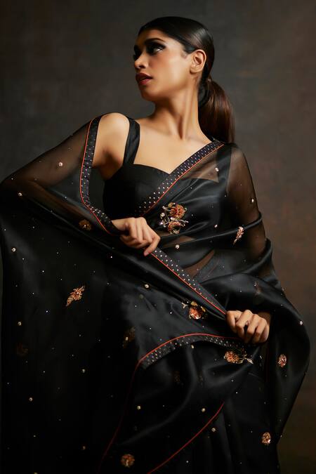 Buy Shimai Jayachandra Black Silk Organza Stones, A Million Glittering Stars Saree With Blouse Buy_Shimai Jayachandra_Black Silk Organza Stones, A Million Glittering Stars Saree With Blouse