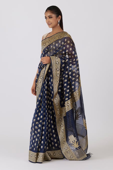Buy_Shimai Jayachandra_Blue Silk Organza Zari Garden Of Paradise Saree With Unstitched Blouse Piece _Online_at_Aza_Fashions