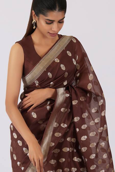 Buy_Shimai Jayachandra_Brown Silk Organza Fragrance Of The Earth Saree With Unstitched Blouse Piece_Online_at_Aza_Fashions
