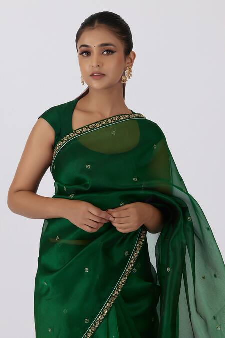 Shimai Jayachandra_Green Silk Organza Embroidery Round Neck After The Summer Rain Saree With Blouse _Online_at_Aza_Fashions