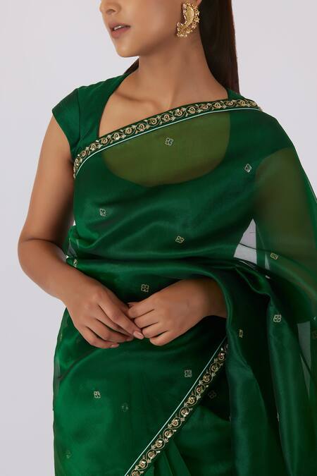 Buy_Shimai Jayachandra_Green Silk Organza Embroidery Round Neck After The Summer Rain Saree With Blouse _Online_at_Aza_Fashions
