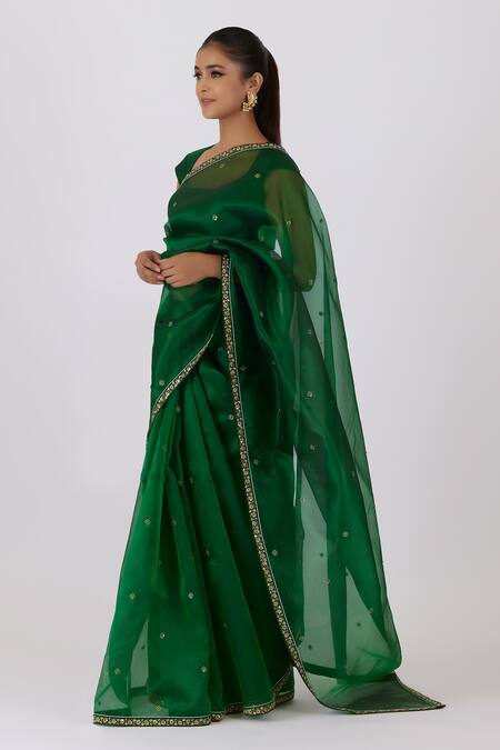 Shop_Shimai Jayachandra_Green Silk Organza Embroidery Round Neck After The Summer Rain Saree With Blouse _Online_at_Aza_Fashions