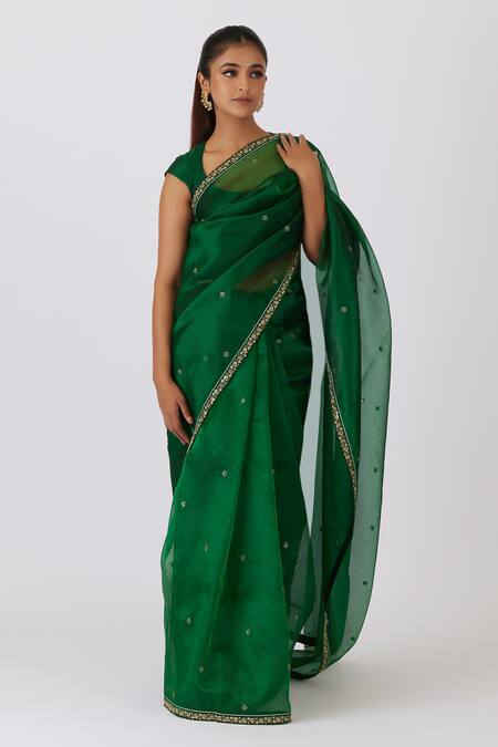 Shimai Jayachandra_Green Silk Organza Embroidery Round Neck After The Summer Rain Saree With Blouse _at_Aza_Fashions