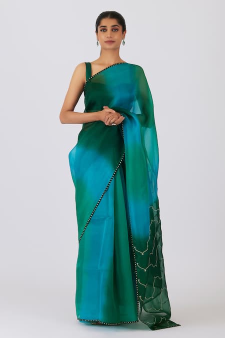 Shimai Jayachandra Green Silk Organza Embroidered Geometric Whispering Waves Saree With Blouse 