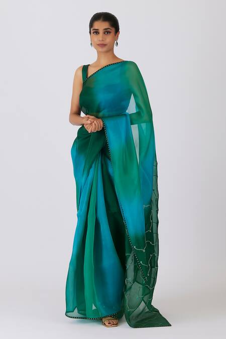 Shimai Jayachandra_Green Silk Organza Embroidery Sweetheart Neck Whispering Waves Saree With Blouse _Online_at_Aza_Fashions