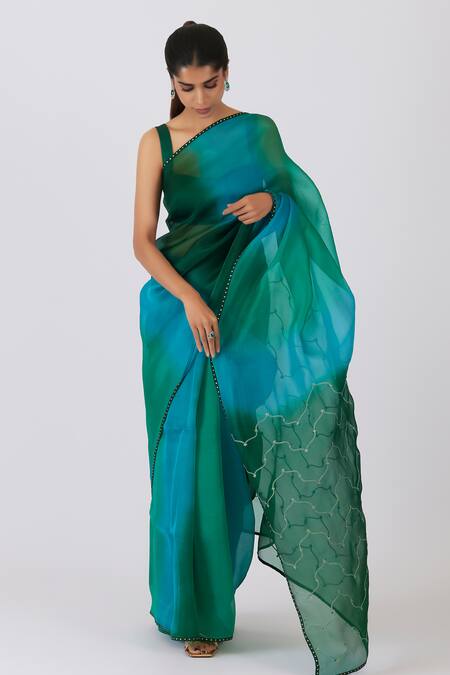 Buy_Shimai Jayachandra_Green Silk Organza Embroidery Sweetheart Neck Whispering Waves Saree With Blouse _Online_at_Aza_Fashions