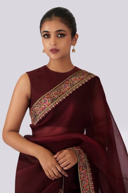 Shimai Jayachandra Maroon Silk Organza Mulberries And Marigolds Saree With Unstitched Blouse Piece Online at Aza Fashions Shimai Jayachandra_Maroon Silk Organza Mulberries And Marigolds Saree With Unstitched Blouse Piece _Online_at_Aza_Fashions