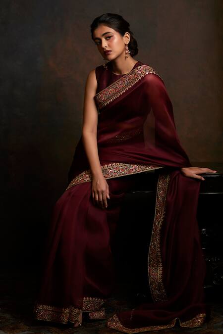 Buy Shimai Jayachandra Maroon Silk Organza Mulberries And Marigolds Saree With Unstitched Blouse Piece Online at Aza Fashions Buy_Shimai Jayachandra_Maroon Silk Organza Mulberries And Marigolds Saree With Unstitched Blouse Piece _Online_at_Aza_Fashions