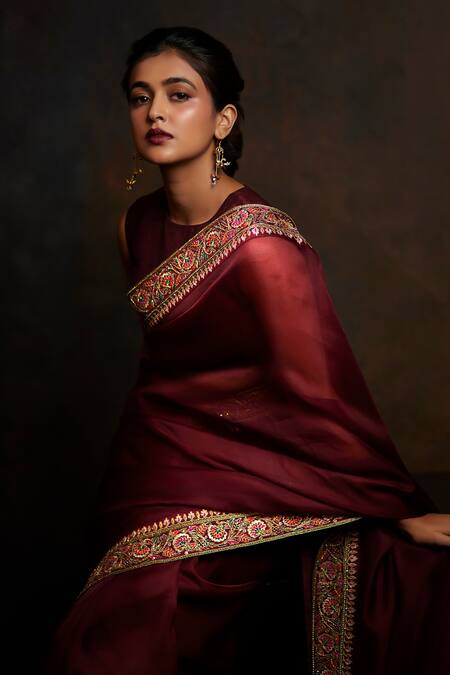 Shop Shimai Jayachandra Maroon Silk Organza Mulberries And Marigolds Saree With Unstitched Blouse Piece Online at Aza Fashions Shop_Shimai Jayachandra_Maroon Silk Organza Mulberries And Marigolds Saree With Unstitched Blouse Piece _Online_at_Aza_Fashions