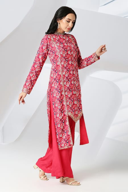 Adamantia_Red Muslin Silk Printed Floral Mandarin Collar Kurta And Palazzo Set  _Online_at_Aza_Fashions