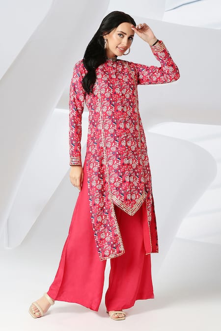 Buy_Adamantia_Red Muslin Silk Printed Floral Mandarin Collar Kurta And Palazzo Set  _Online_at_Aza_Fashions