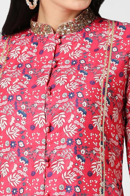 Shop_Adamantia_Red Muslin Silk Printed Floral Mandarin Collar Kurta And Palazzo Set  _Online_at_Aza_Fashions