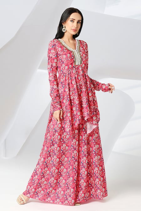 Adamantia_Red Muslin Silk Printed Floral V Neck Peplum Kurta And Sharara Set  _Online_at_Aza_Fashions