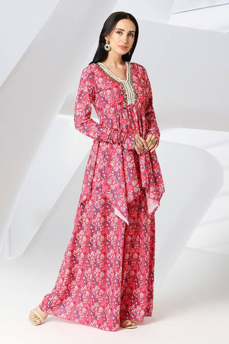 Buy_Adamantia_Red Muslin Silk Printed Floral V Neck Peplum Kurta And Sharara Set  _Online_at_Aza_Fashions