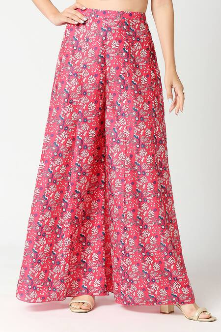 Shop_Adamantia_Red Muslin Silk Printed Floral V Neck Peplum Kurta And Sharara Set  _Online_at_Aza_Fashions