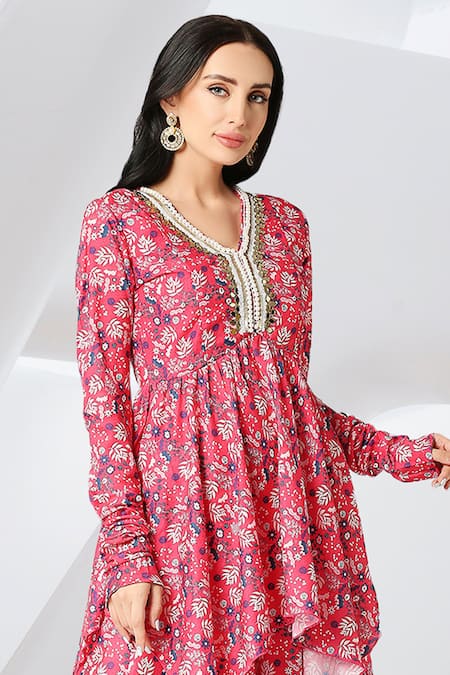 Adamantia_Red Muslin Silk Printed Floral V Neck Peplum Kurta And Sharara Set  _at_Aza_Fashions