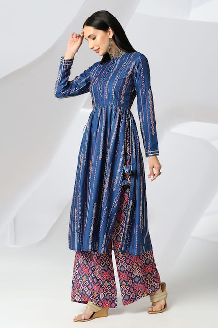 Adamantia_Blue Muslin, Silk Gota Patti, Sequins Patola Stripe Print Anarkali And Palazzo Set _Online_at_Aza_Fashions