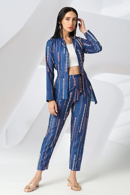 Adamantia Blue Muslin Silk Printed Patola Stripe Notched Lapel Collar Jacket And Pant Set 