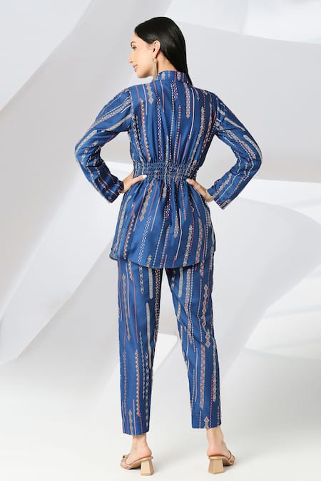 Adamantia Patola Stripe Print Jacket & Pant Set 