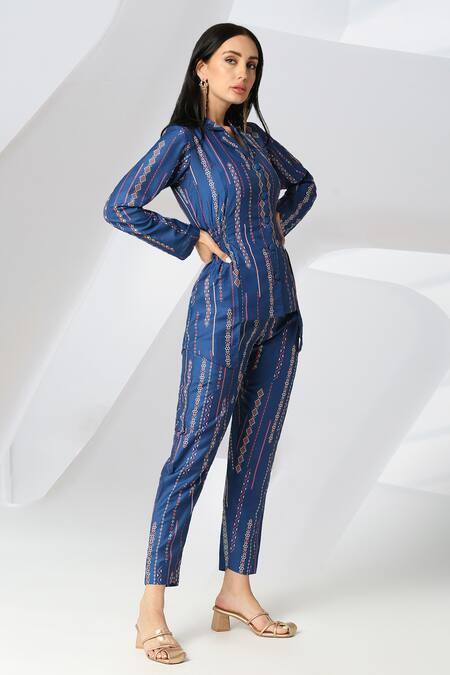 Buy_Adamantia_Blue Muslin, Silk Collared Patola Stripe Print Jacket And Pant Set _Online_at_Aza_Fashions