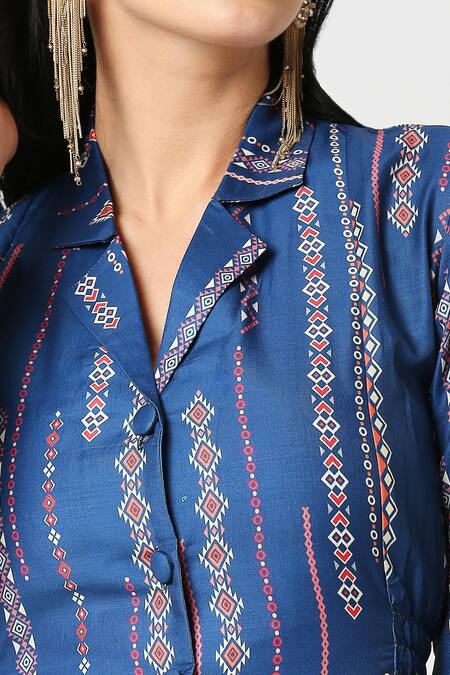 Shop_Adamantia_Blue Muslin, Silk Collared Patola Stripe Print Jacket And Pant Set _Online_at_Aza_Fashions