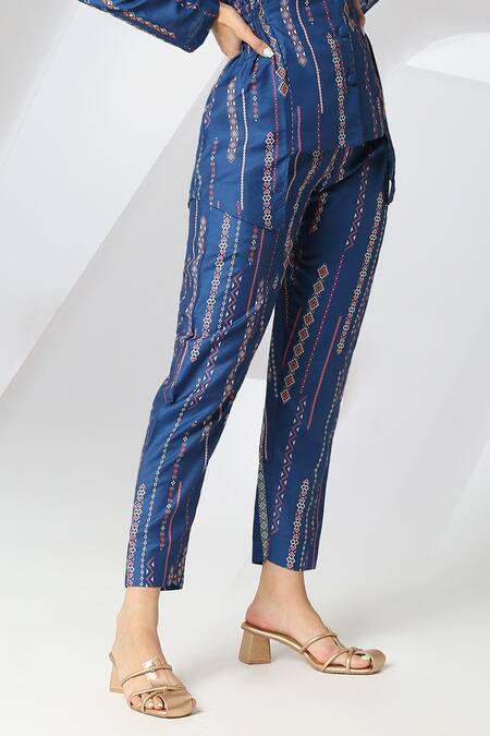 Adamantia_Blue Muslin, Silk Collared Patola Stripe Print Jacket And Pant Set _at_Aza_Fashions