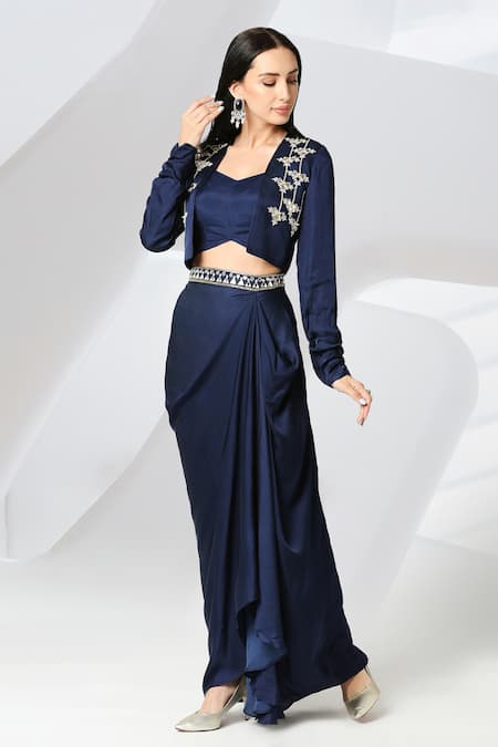 Adamantia Placement Embroidered Jacket Draped Skirt Set 