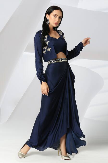 Adamantia_Blue Placement Embroidered Jacket Draped Skirt Set _Online_at_Aza_Fashions