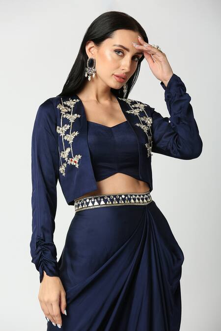 Buy_Adamantia_Blue Placement Embroidered Jacket Draped Skirt Set _Online_at_Aza_Fashions