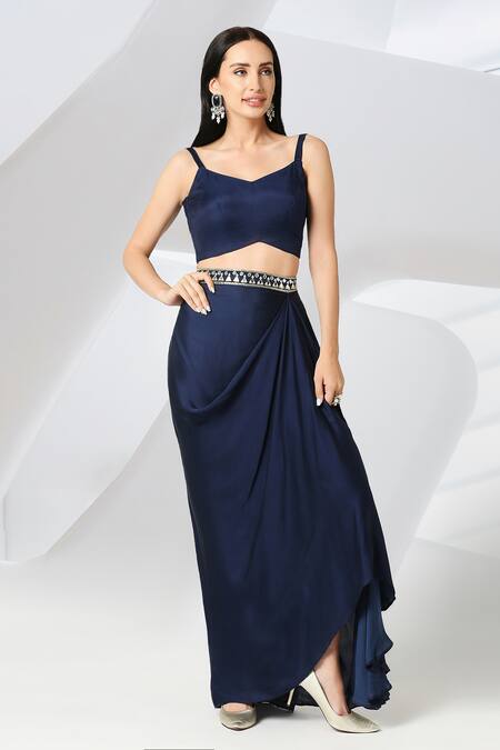 Shop_Adamantia_Blue Placement Embroidered Jacket Draped Skirt Set _Online_at_Aza_Fashions