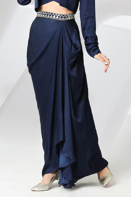 Adamantia_Blue Placement Embroidered Jacket Draped Skirt Set _at_Aza_Fashions