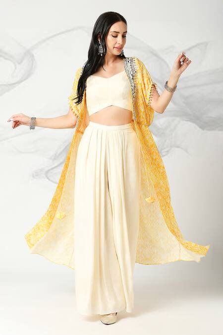Adamantia_Yellow Muslin Silk Floral Print Cape Flared Pant Set _Online_at_Aza_Fashions