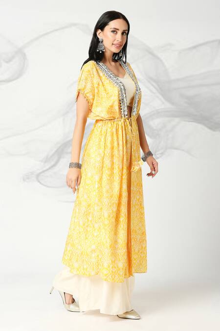Buy_Adamantia_Yellow Muslin Silk Floral Print Cape Flared Pant Set _Online_at_Aza_Fashions