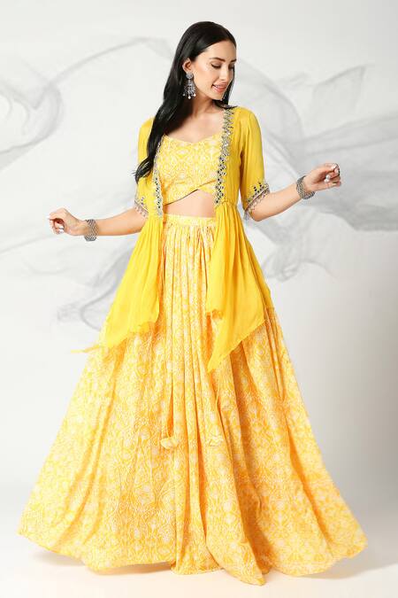 Adamantia_Yellow Jacket Soft Organza Mirror Placement Embroidered Lehenga Set  _Online_at_Aza_Fashions