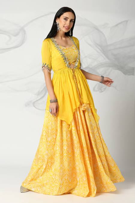 Buy_Adamantia_Yellow Jacket Soft Organza Mirror Placement Embroidered Lehenga Set  _Online_at_Aza_Fashions