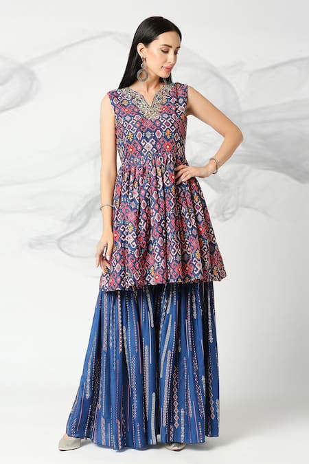 Adamantia Patola Print Peplum Kurta & Sharara Set 