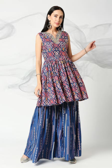 Buy_Adamantia_Blue Muslin Silk Printed Patola Stripe Peplum Kurta And Sharara Set  _Online_at_Aza_Fashions