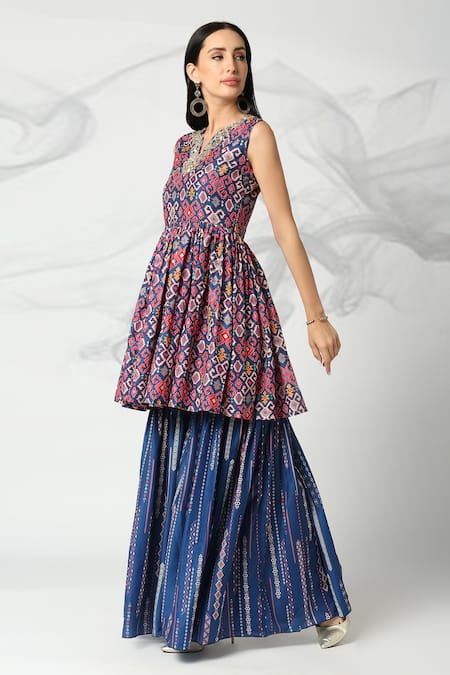 Shop_Adamantia_Blue Muslin Silk Printed Patola Stripe Peplum Kurta And Sharara Set  _Online_at_Aza_Fashions