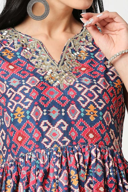 Adamantia_Blue Muslin Silk Printed Patola Stripe Peplum Kurta And Sharara Set  _at_Aza_Fashions