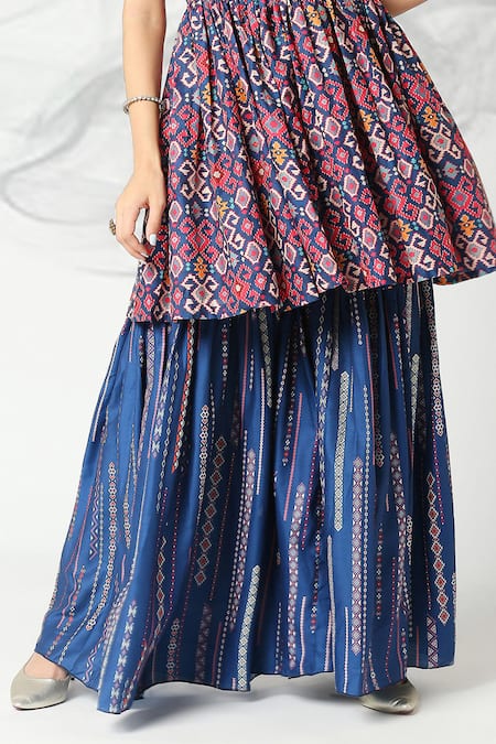 Buy_Adamantia_Blue Muslin Silk Printed Patola Stripe Peplum Kurta And Sharara Set  
