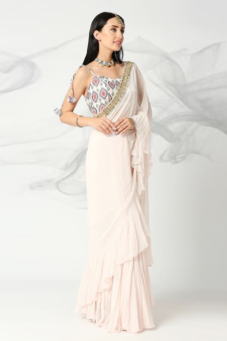 Adamantia_Off White Saree Georgette Embroidery Sequin Sweetheart Border Frill And Blouse _Online_at_Aza_Fashions
