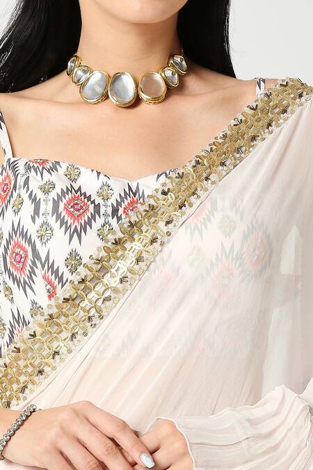 Shop_Adamantia_Off White Saree Georgette Embroidery Sequin Sweetheart Border Frill And Blouse _Online_at_Aza_Fashions