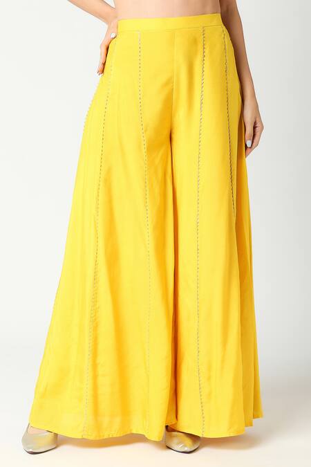 Shop_Adamantia_Yellow Muslin Silk Printed And Hand Embroidered Vintage A-line Kurta & Sharara Set _Online_at_Aza_Fashions