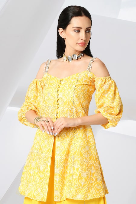 Adamantia_Yellow Muslin Silk Printed And Hand Embroidered Vintage A-line Kurta & Sharara Set _at_Aza_Fashions