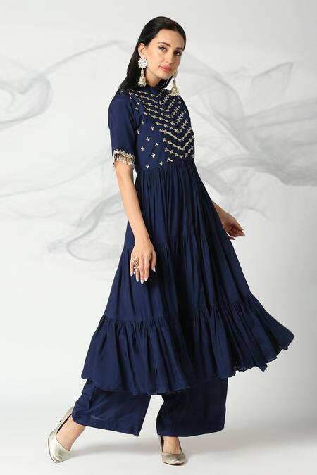 Adamantia_Blue Muslin Silk Hand Embroidered Cut Dana Yoke Anarkali And Palazzo Set  _Online_at_Aza_Fashions